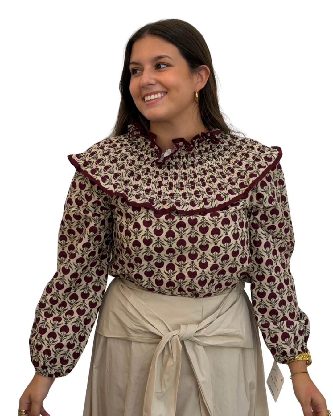 Blusa cuello bebé estampados beige
