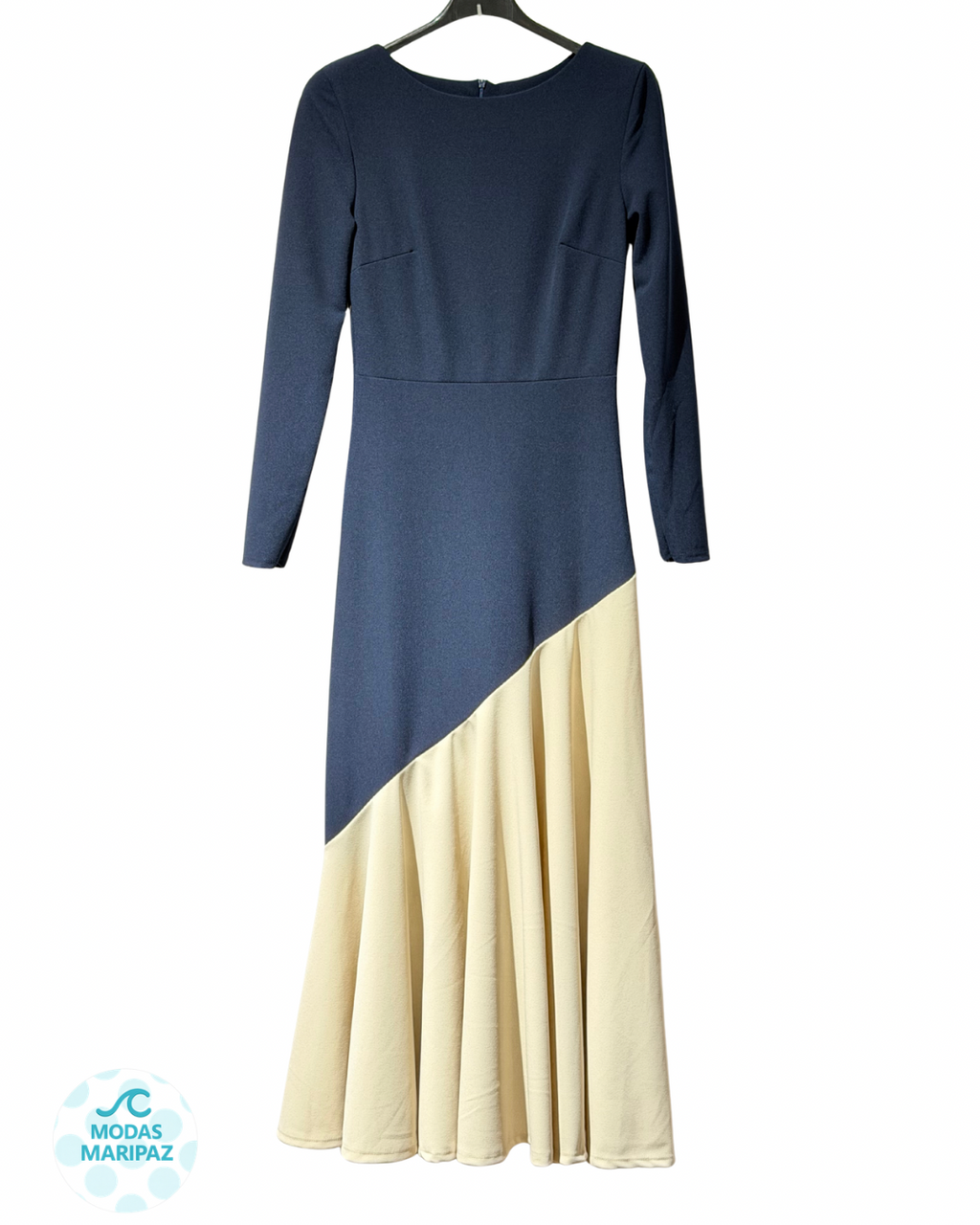 Vestido bicolor azul marino y beige