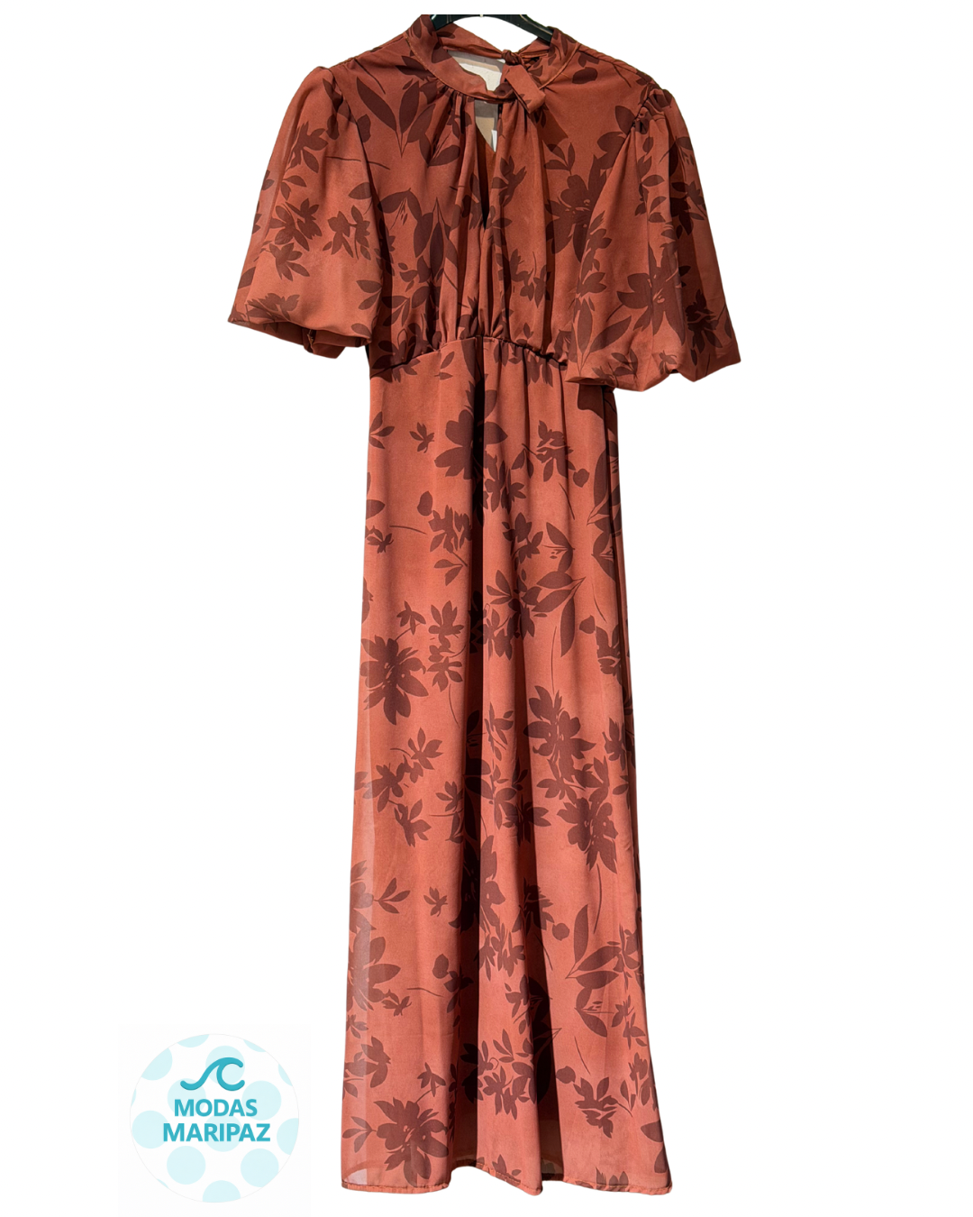 VESTIDO FLORAL MANGA CORTA TEJA