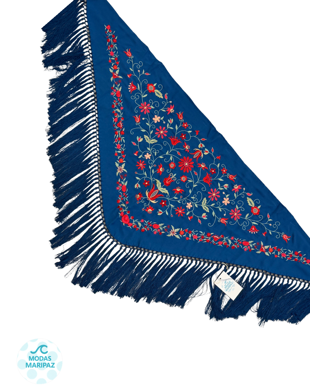 Mantón de flamenca bordado  azul añil FERIA – Fleco corto (Adulto)