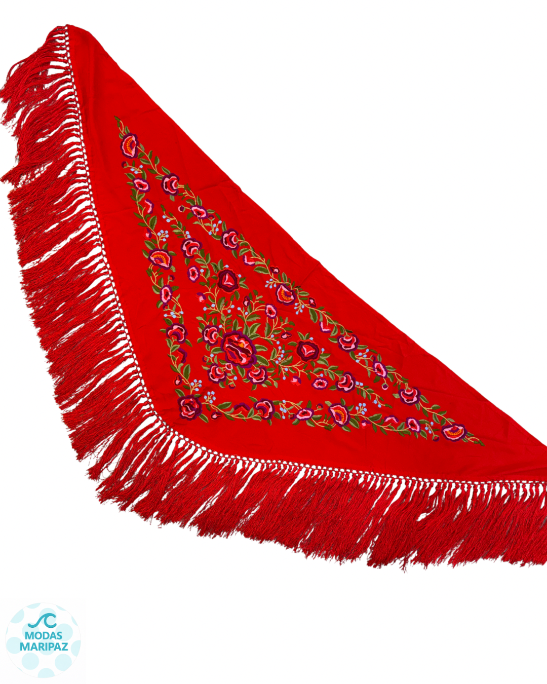 Mantón bordado REAL - rojo Flecos cortos (Adultos)