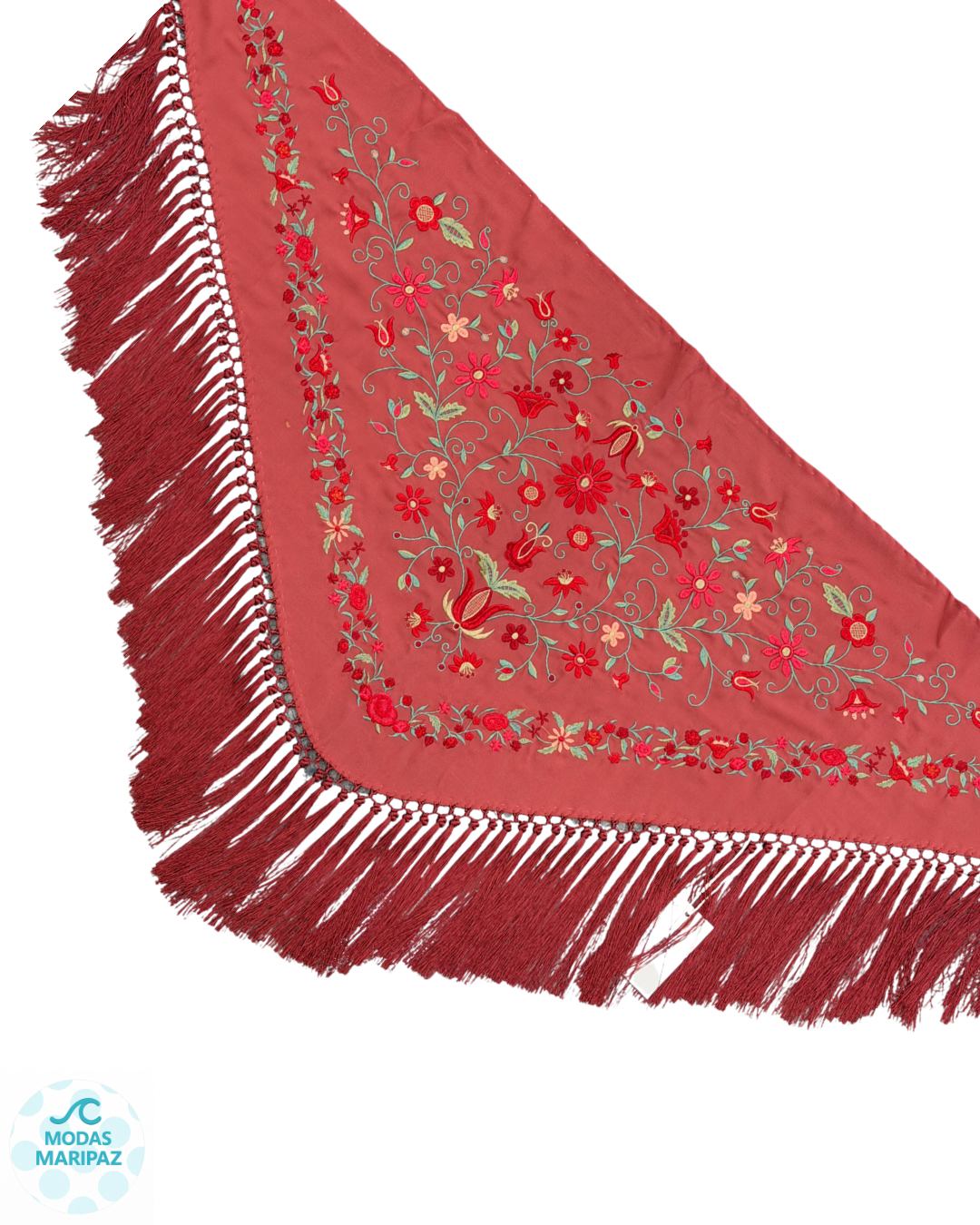 Mantón de flamenca bordado rosa empolvado FERIA – Fleco corto (Adulto)