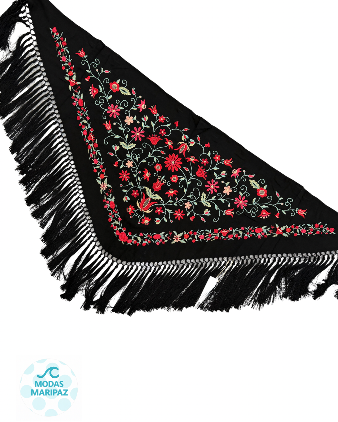 Mantón de flamenca bordado negro FERIA – Fleco corto (Adulto)