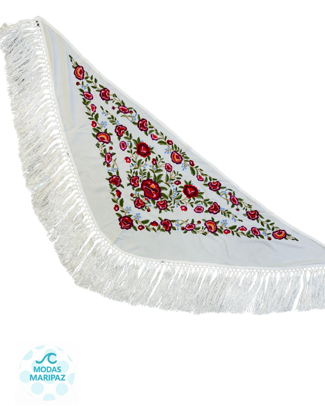 Mantón bordado REAL - Blanco Flecos cortos (adulto)