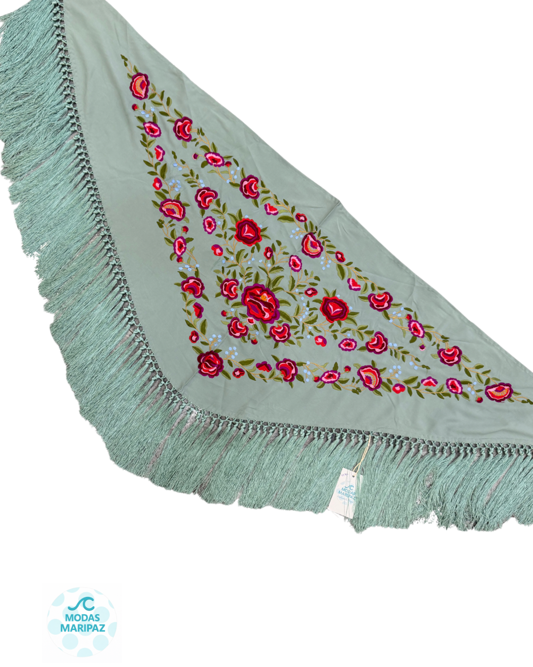 Mantón bordado REAL –  verde agua Fleco corto (Adulto)