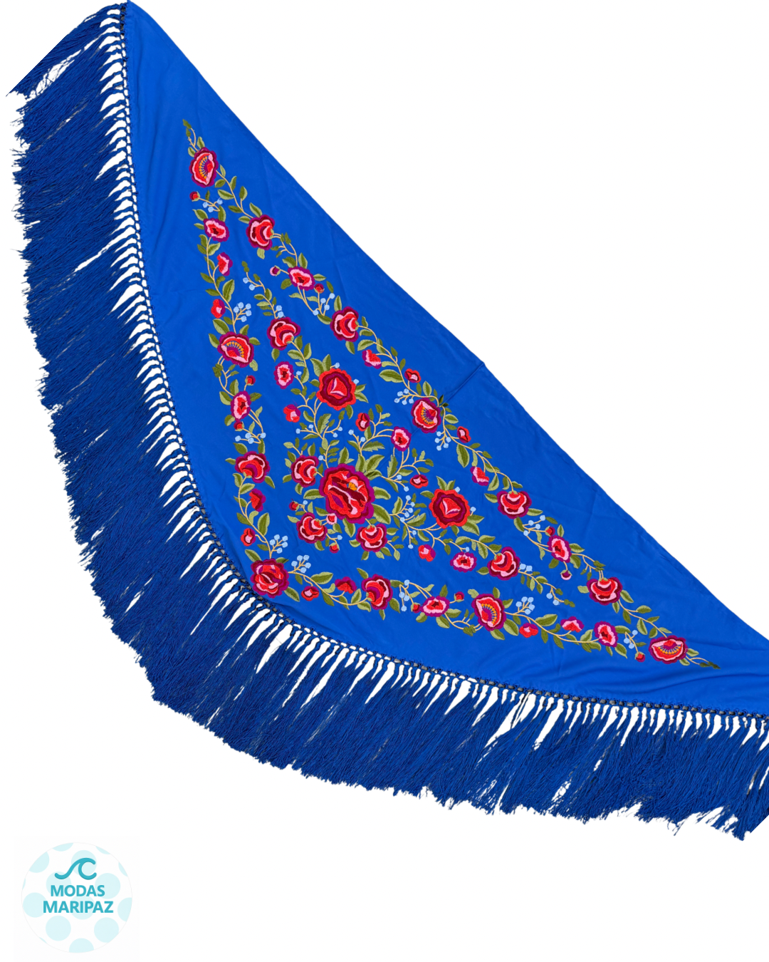 Mantón bordado REAL –  azul pavo Fleco corto (Adulto)