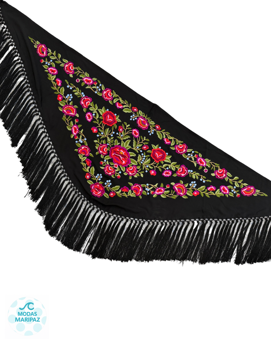 Mantón bordado REAL – negro Fleco corto (Adulto)