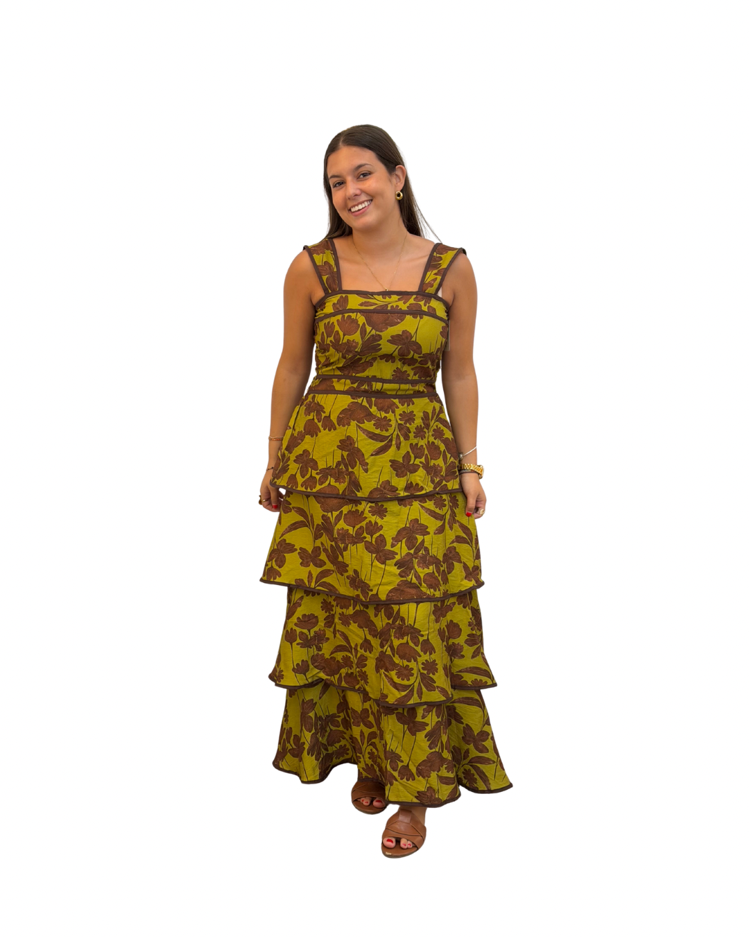 VESTIDO VOLANTES VERDE CON FLORES EN TONOS MARRONES
